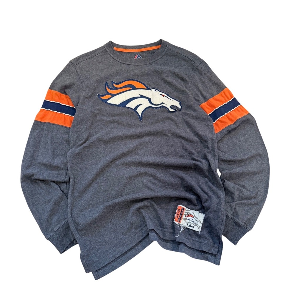 Majestic Denver Broncos Mens Long Sleeve Shirt Grey Embroidered‎ Logo Small
